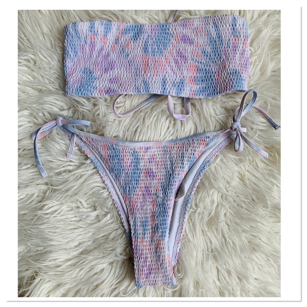 Hollister Smocked Cheeky Bikini Swimsuit Tie Dye Blue Pink Size M/L